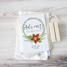 Load image into Gallery viewer, Advent Devotional for Kids in cotton bag with wood stand.