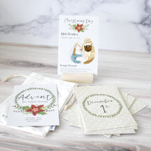 Load image into Gallery viewer, Advent Devotional for Kids includes 25 cards with watercolor Christmas art for your family's Advent preparation.