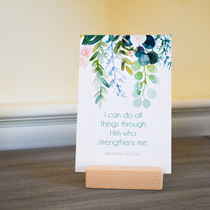 I can do all things through Him who strengthens me. Philippians 4:13 Scripture card with Bible memory verse for mom.