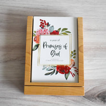 Load image into Gallery viewer, Place your Bible Verse cards in the tray of this wooden Scripture card stand for storage.
