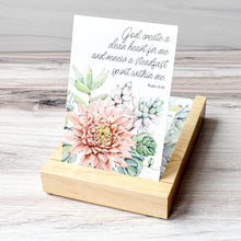 Load image into Gallery viewer, Hand crafted wooden stand with 52 cards featuring Bible verses that encourage Rest and Renewal in the Lord