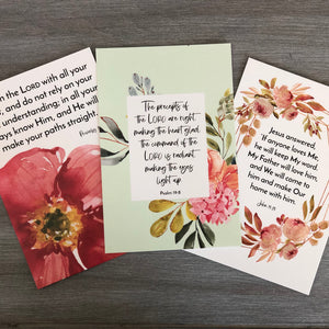 Weekly Bible verse cards featuring God's promises from Proverbs 3:6, Psalm 19:8, and John 14:23
