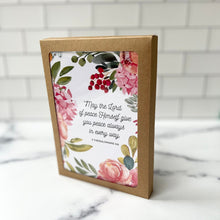 Load image into Gallery viewer, Beautiful premium card stock blank folded notecards with a Bible verse and floral design.