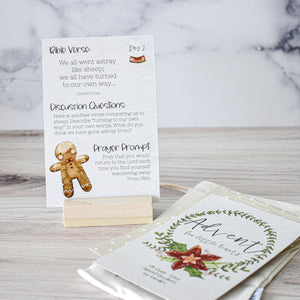 Bible verse, discussion questions, and prayer with gingerbread man art for Christmas devotionals and Advent devotionals.