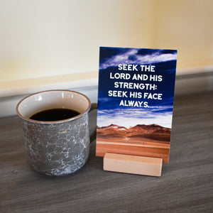 Seek the Lord and his strength; seek his face always.  Scripture card with 1 Chronicles 16:11 with desert scape.