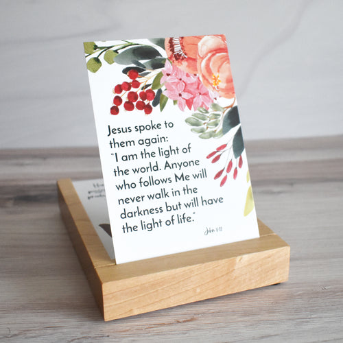 Premium Wood Display & Storage Tray for Weekly Bible Verse Cards featuring a Bible Verse card with beautiful art work.