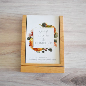 A Year of Peace and Comfort Scripture Cards in premium wooden stand and storage tray 