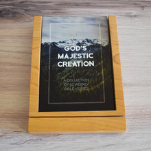 Load image into Gallery viewer, A Year of Gods Majestic Creation, a Collection of Weekly Bible Verse Cards in tray of premium wood stand and storage tray.