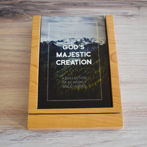 A Year of Gods Majestic Creation, a Collection of Weekly Bible Verse Cards in tray of premium wood stand and storage tray.