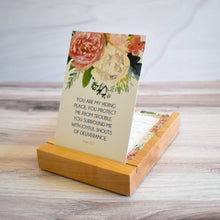 Load image into Gallery viewer, YOu are my hiding place; you protect me from trouble, you surround me with joyful shouts of deliverance.  Psalm 32:7 Scripture Card in Wooden Stand