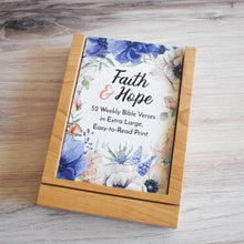 Load image into Gallery viewer, Faith and Hope: 52 Weekly Bible Verse Cards in Extra Large, Easy-to-Read Print with floral watercolor art work in a premium wood stand and storage tray