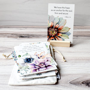 We have this hope as an anchor for the soul, firm and secure.  Hebrews 6:19 Bible memory verse cards with wooden stand and cotton bag.