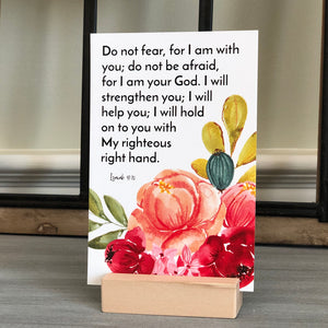 Weekly Bible verse card with stand featuring God's promise Isaiah 41:10