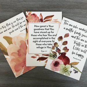 Weekly Bible verse cards featuring God's promises from Proverbs 16:20, Psalm 48:14, and Psalm 31:19