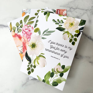Bible verse folded blank notecards with envelopes included perfect for birthday card, thank you cards, sympathy cards, or a note to a friend. I give thanks to my God for every remembrance of you.  Philippians 1:3