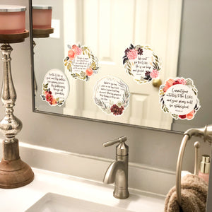 Scripture stickers on mirror with static cling that won't damage or leave residue behind.  Floral artwork is uplifting and makes beautiful home decor while you memorize Bible verses.r.