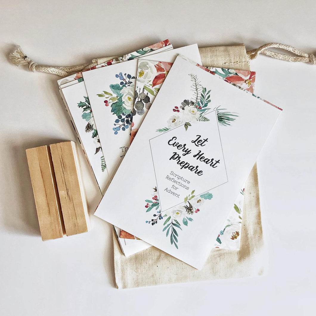 Christmas Devotionals - Advent Scripture Cards - Let Every Hear Prepare - Scripture Reflections for Advent with stand and cotton bag.