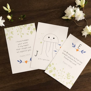 Flash cards for ABC with Bible verses for little children.