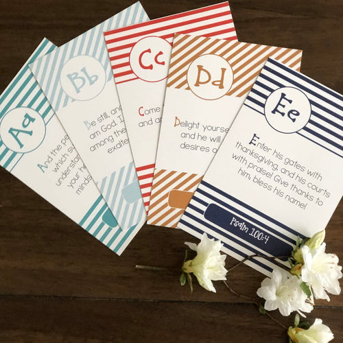 Alphabet Bible verses on flash cards with bright stripe design for children with memory verses.